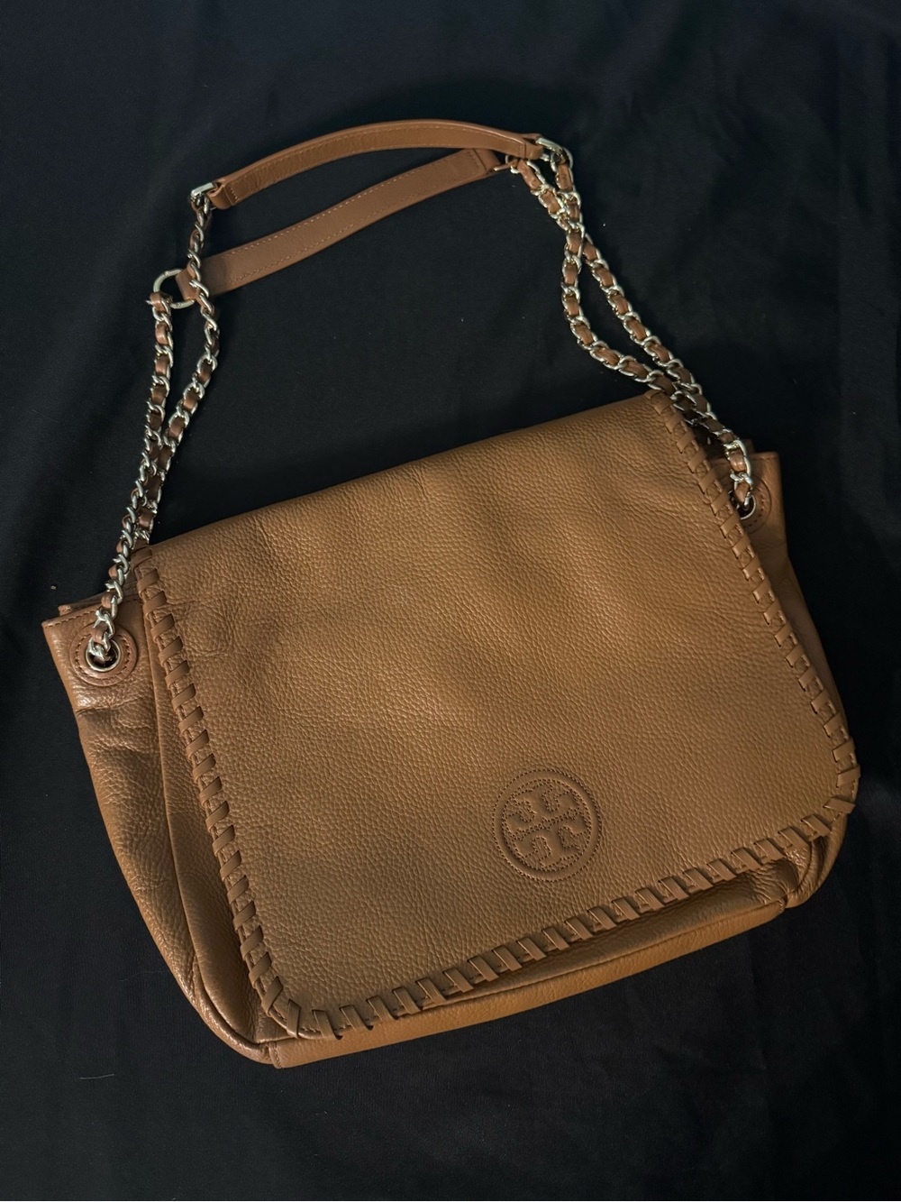 Tory Burch Cognac Whipstitch Leather Chain Shoulder Bag